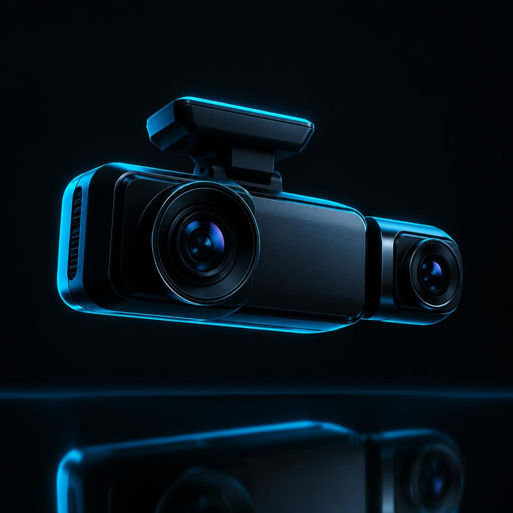 Dual-lens dashcam with cyan rim lighting