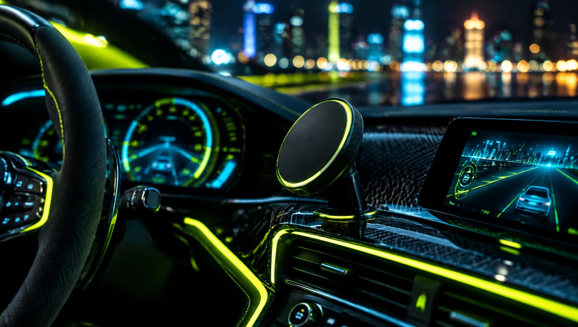 High-tech car cockpit at night with glowing dashboard